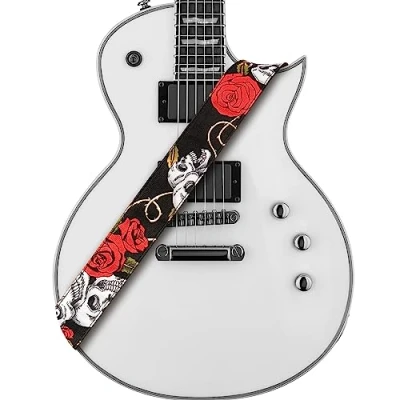 Immagine di Amumu tracolla per chitarra con teschio rosa in denim rosso chitarre acustiche, elettriche e bassi, blocchi cinghia paletta, larghezza 5,1 cm