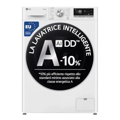 Immagine di LG AI DD F4R709TAIDD Lavatrice Classe a 10%, Carica Frontale Serie R7, 9kg, 1400 giri, Wash, TurboWash 360, Lavaggio Vapore, Wi Fi, Motore Direct Drive, Libera Installazione, Bianca