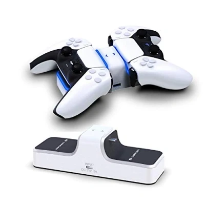 Immagine di Lioncast Base di Ricarica per Controller PS5 Doppia Stazione Compatibile con Wireless DualSense della Playstation 5 Sony Luci LED Rosse e Blu, Porta USB Supplementare