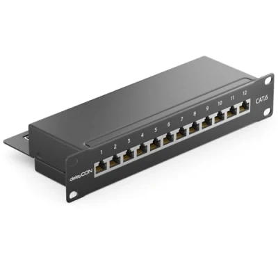 Immagine di deleyCON CAT6 Patch Panel 12 Porte del Desktop 10 Pollici Montaggio Rack Assemblaggio Server 12x RJ45 Schermato TIA568A TIA568B Nero