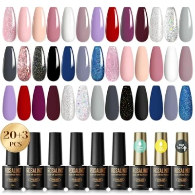 Immagine di ROSALIND Smalto Semipermanente per Unghie, 23 Pcs Mini Rosa Nudo Bianco Nero Blu Glitter Unghie，Soak Off UV Novice Nail Art DIY