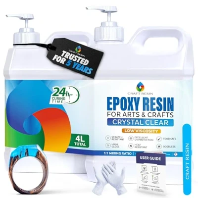 Immagine di Craft Resin set di resina epossidica da 4 l, trasparente, per colata e indurente opere d&#039;arte, gioielli, stampi in silicone, piano tavolo, resistente al