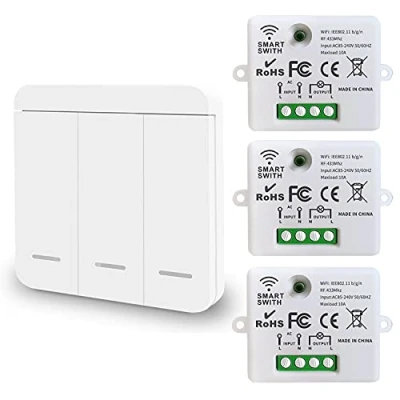 Immagine di DieseRC Mini interruttore WiFi wireless, telecomando relè RF 2500W 10A 3 ricevitori con 1 a parete controllo intelligente tramite telefono APP Tuya, Alexa/Google Home