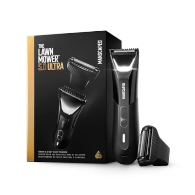 Immagine di Rifinitore per peli del corpo e inguine MANSCAPED® The Lawn Mower® 5.0 ULTRA a doppia testa SkinSafe® lame lamina, impermeabile, ricaricabile tramite USB C con custodia da viaggio