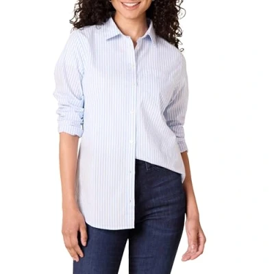 Immagine di Amazon Essentials Camicia in Popeline Button Down a Manica Lunga vestibilità Classica Donna, Blu di Francia Bianco Righe, XXL