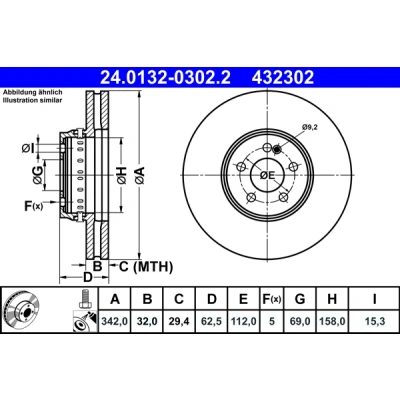Immagine di ATE 24.0132 0302.2 disco freno 342,0 32,0 5 112,0 a due pezzi, ventilato rivestito legato /ad alto tenore di carbonio con bulloni/viti