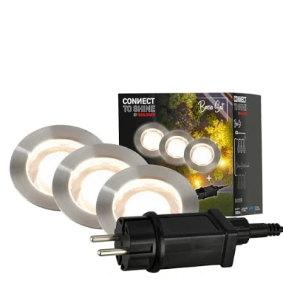 Immagine di Briloner Sistema da giardino Connect to Shine 12V, set 3 faretti incasso a LED con manicotto, trasformatore, IP67, luce bianca calda, illuminazione giardino, 45x66 mm, colore argento