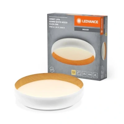 Immagine di LEDVANCE LED ORBIS Livia con anello in metallo, decoro bianco/legno, 36W, 2000lm, 3000K, 520mm, 830 bianco caldo amichevole, dimmerabile 3 livelli un clic, IP20, viti/tasselli inclusi