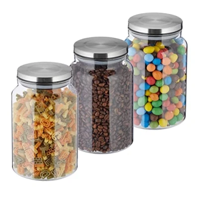 Immagine di Relaxdays Set da 3 Barattoli per Alimenti, Coperchio in Acciaio Inox, Recipienti Vetro 1500 ml, Trasparente Argentato, 70% 20% 10% Silicone, 19 x 12 cm