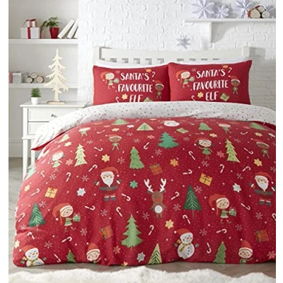 Immagine di Bedlam Set con copripiumino, motivo Babbo Natale ed elfi, facile da pulire, in policotone, multicolore, per letto singolo