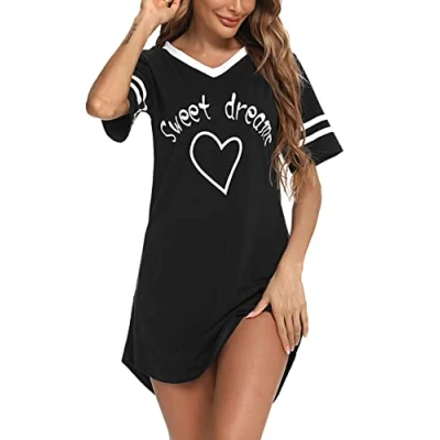 Immagine di Litherday Camicia Notte Donna Cotone Pigiama a Maniche Corte Sciolto da Elegante con Scollo V Stampa Forma di Cuore Nero XL