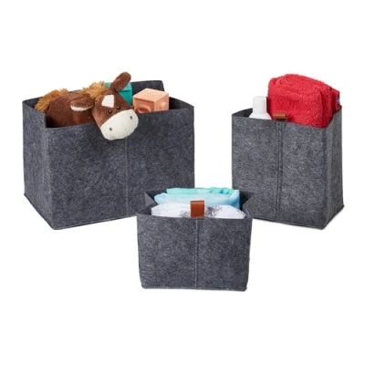 Immagine di Relaxdays Cesto Portaoggetti in Feltro, Set 3 Contenitori Varie Misure, Scatola Tessuto per Accessori, Grigio, Plastica, 20 x 30 19 cm