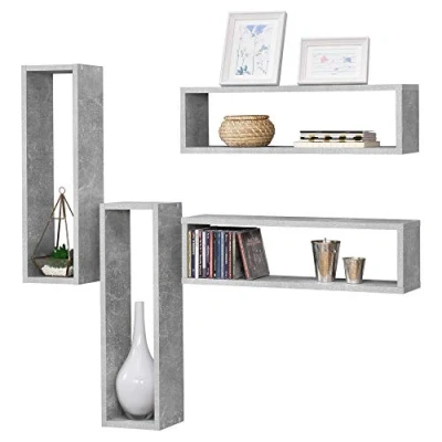 Immagine di [en.casa] Set di 4 Mensole da Parete a Forma Rettangolare 59 x 14,5 17 cm Scaffali Muro con 2 Ripiani Portaoggetti Effetto Cemento