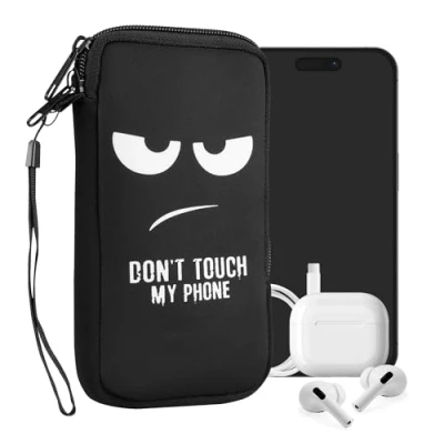 Immagine di kwmobile Custodia in neoprene con zip per smartphone XL 6,7/6,8&quot; Astuccio portacellulare a sacchetto cerniera Borsa verticale Don&#039;t touch my phone bianco/nero