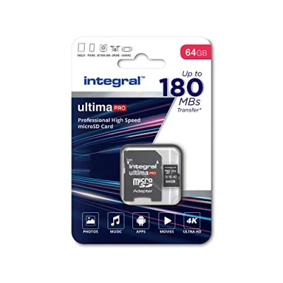 Immagine di Integral 64GB Micro SD Card 4K Video velocità di lettura 180MB/s e scrittura 80MB/s MicroSDXC A2 C10 U3 UHS I 180 V30 La nostra scheda memoria ad alta