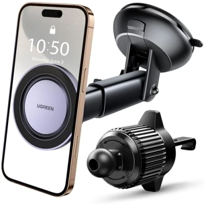 Immagine di UGREEN Porta Cellulare da Auto Magsafe 2 in 1, Supporto per Il Cruscotto &amp; Bocchette di Aerazione e Parabrezza Compatibile con iPhone 16 15 14 13 Plus PRO Max, Galaxy, Xiaomi, ECC.