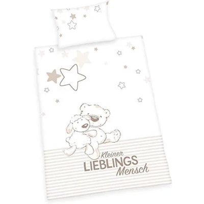 Immagine di Herding BABY BEST Set di Biancheria da Letto Reversibile, Lieblingsmensch, Federa 40 x 60 cm, Copripiumino 100 135 Cotone/Flanella, Bianco/Crema