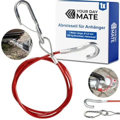 Immagine di Fune di partenza per rimorchio, 1 set, metro x Ø 2,5 mm, corda in acciaio con moschettone e gancio, carico rottura, 250 kg, colore rosso, tutti i tipi rimorchi frenati roulotte,