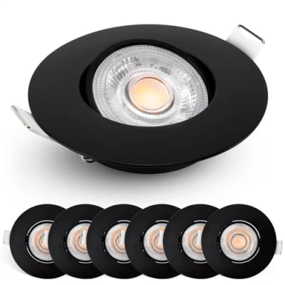 Immagine di EMOS Faretti LED da Incasso per Cartongesso dimmerabile, 230V, 4,9 W/480 lm, orientabile a 50, bianco caldo 2700k, Set di 6 Soffitto interni, Rotondi, ultra sottile, Nero