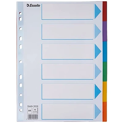 Immagine di Esselte Divisori per Raccoglitori con 6 Tasti, Formato A4, Blu/Multicolore, Cartoncino Robusto Riciclato, Tasti Pagina Indice, 100192