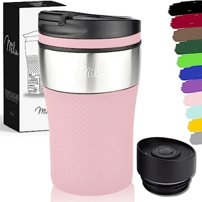 Immagine di Milu Tazza Termica da viaggio per caffè 210ml 100% a Prova di perdite Isolata e tè portare via bere in acciaio inossidabile Caldo freddo Rosa