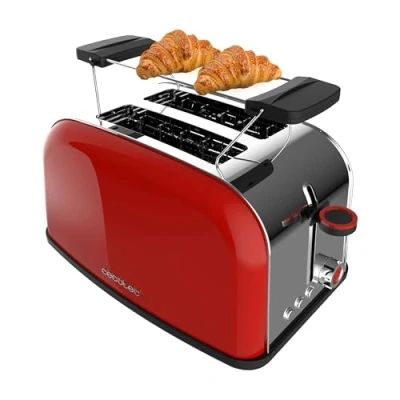Immagine di Cecotec Tostapane verticale Toastin&#039; time 850 Red, 850W, Doppia fessura corta e larga 3,8 cm, Barre superiori, Acciaio Inoss, Spegnimento automatico funzione Pop up, Raccogli briciole