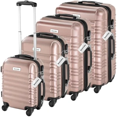 Immagine di TecTake® Set di 4 Valigie Rigide Mila, Trolley Inseribili con Rotelle Girevoli a 360, Maniglia Telescopica Regolabile, Spazio Interno Espandibile, Robusta, Bilancia, Etichette Rosa Dorato