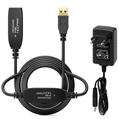 Immagine di deleyCON 10m Cavo USB 3.0 Attivo Prolunga Attiva con 2 Amplificatore di Segnale e Alimentatore Ripetitore USB3.0 PC Computer Stampante Scanner