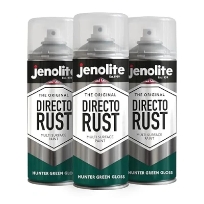 Immagine di JENOLITE Directorust Vernice Aerosol Lucida VERDE CACCIATORE spray multisuperficie Per l&#039;uso su legno, metallo, plastica, ceramica e superfici arrugginite 3 x 400ml RAL6028