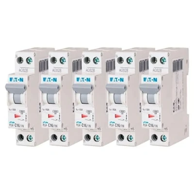 Immagine di EATON 264746 PLG4 C16/1N DISJONTTORE MODULARE PH/N Bianco MANETTA GRIGIO 1P+N / 16A Curva C Connessione a vite 5 interruttori