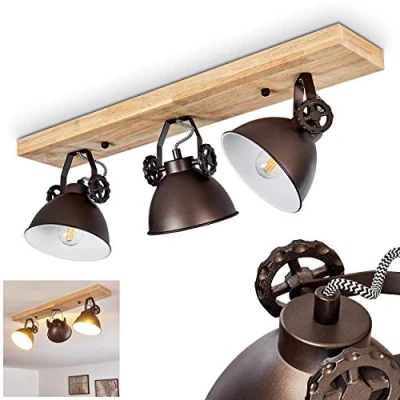 Immagine di lampada a soffitto Svanfolk, in metallo/legno nero/marrone/natura, 3 luci, con faretti orientabili, x attacco E14, design retro/vinatge, senza lampadina/e