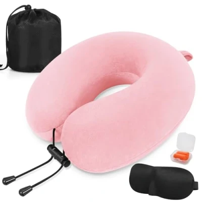 Immagine di Cuscino da Viaggio * collo in memory foam di supporto Cervicale per Auto con Maschera gli Occhi e Tappi le Orecchie, Borsa (Rosa)