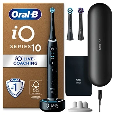Immagine di Oral B Spazzolino Elettrico Ricaricabile iO 10, Sensore di Pressione, Display Interattivo, Intelligenza Artificiale con Live Coaching, 3 Testine, 1 Spazzolino, Custodia da Viaggio, Nero, Idea Regalo