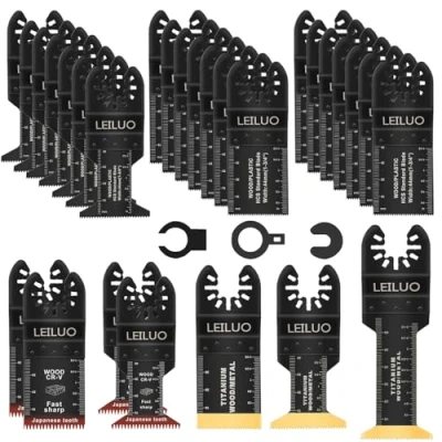 Immagine di LEILUO Set di 32 accessori oscillanti multiuso per chiodi in legno, cartongesso, sega oscillante con borsa portaoggetti, compatibile DeWalt, Makita, Dremel e altro ancora