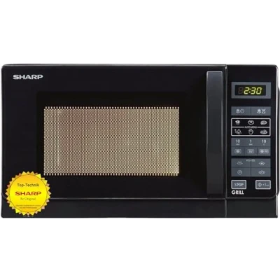 Immagine di Sharp, forno a microonde e grill 2 in 1, 900 W, 25 l, funzione grill, display LED, opzioni di menu automatiche, scongelamento del peso tempo controllato, sicurezza per bambini. Nero