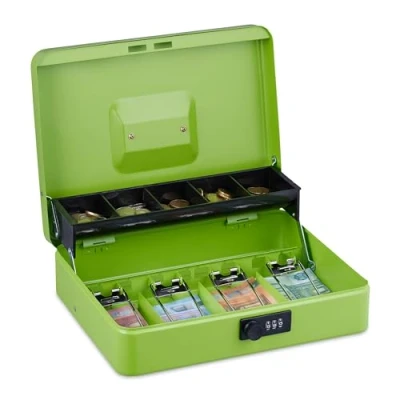 Immagine di Relaxdays Cassetta con Combinazione Numerica a 3 Cifre, Porta Soldi Inserto per Monete e 4 Scomparti, Ferro, Verde, Acciaio, 8,5 x 30,5 24,5 cm