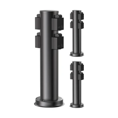 Immagine di ledscom.de 3 prese da giardino a colonna PORU per esterni, IP44, 4 vie, acciaio inox, nero, rotonde, 39 cm