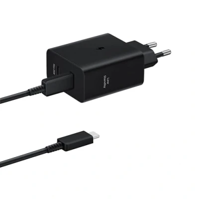 Immagine di Samsung EP T5020 Caricabatterie originale 50W Super Fast Charging, 2 porte USB Type C, (con cavo), Nero