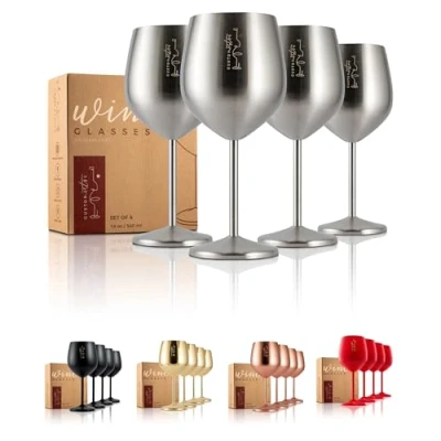Immagine di Gusto Nostro Calici da vino in acciaio inox 540 ml Argento Infrangibili, viaggio, per camping e piscina Bicchieri metallo eleganti eventi all’aperto (Set 4)