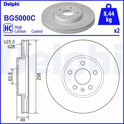 Immagine di DELPHI BG5000C Disco freno 296 28 5 ventilato rivestito ad alto tenore di carbonio senza cuscinetto ruota, anello sensore ABS VOLVO: V60 II