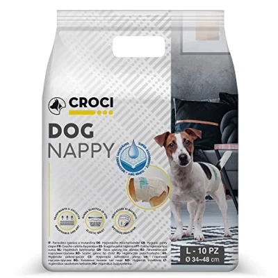 Immagine di Croci Dog Nappy Mutanda Assorbente per cani femmine, taglia L Ø 34 48 cm, Pannolino igienico ciclo e pipi cane, Antiodore, Usa getta, Chiusura adesiva regolabile, 10 pz