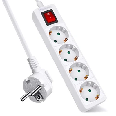 Immagine di EXTRASTAR Multipresa con 4 prese e interruttore, cavo 1,5 m, multipla per casa, ufficio viaggi, max 3680 W, 16 A, 250 V, bianco, 1 pz