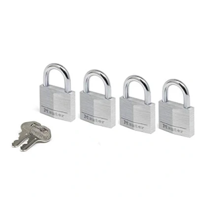 Immagine di Master Lock 9140EURQNOP Confezione da 4 Lucchetti a Chiave in Alluminio, Grigio, x 5.9 1.3 cm