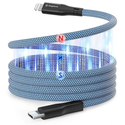 Immagine di Magtame Cavo magnetico USB C a Lightning Coiled, 1M MFi certificato Tipo Cavo, avvolgimento i Phone di ricarica veloce per 14 13 12 11 Pro Max XR XS X 8 Plus SE Blu