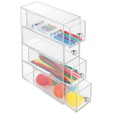 Immagine di iDesign Porta trucchi con 4 cassetti, Mini cassettiera per make up, cosmetici e gioielli, Organizzatore cassetti girevoli in plastica, trasparente