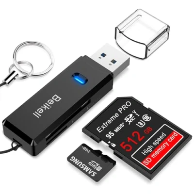 Immagine di Beikell Lettore di Schede SD, Alta Velocità Micro SD Adattatore USB 3.0, Card Memoria con Portachiavi Supporta TF/SDHC/SDXC/MS/MSXC/MMC Compatibile Windows, OS