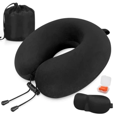 Immagine di Cuscino da Viaggio * collo in memory foam di supporto Cervicale per Auto con Maschera gli Occhi e Tappi le Orecchie, Borsa (Nero)