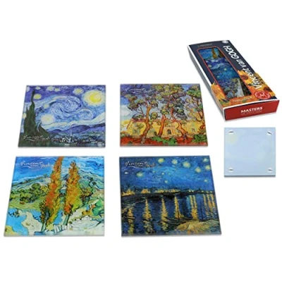 Immagine di CARMANI Sottobicchieri in vetro, tappetino di per bevande resistente al calore set 4 stampato con Vincent van Gogh, la notte stellata, il giardino, pioppi, stellata sul