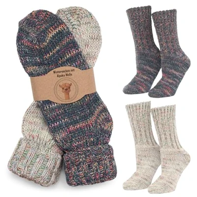 Immagine di MOUNTREX calzini alpaca, in lana per uomo e donna, caldi invernali, calze a maglia con risvolta, 2 paia, Ecru/blu, 37 41