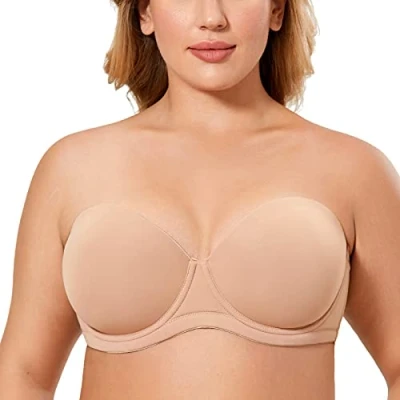 Immagine di DELIMIRA Donna Reggiseno Senza Spalline Push Up Invisibile Taglie Forti Multiuso con Ferretto Coppe Modellate Naturale 3C